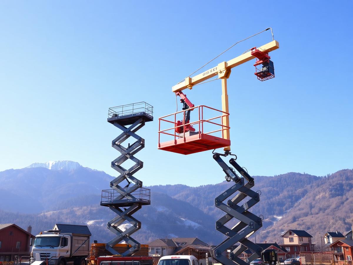 Scissor lift and boom lift raised on a mountain-town construction site