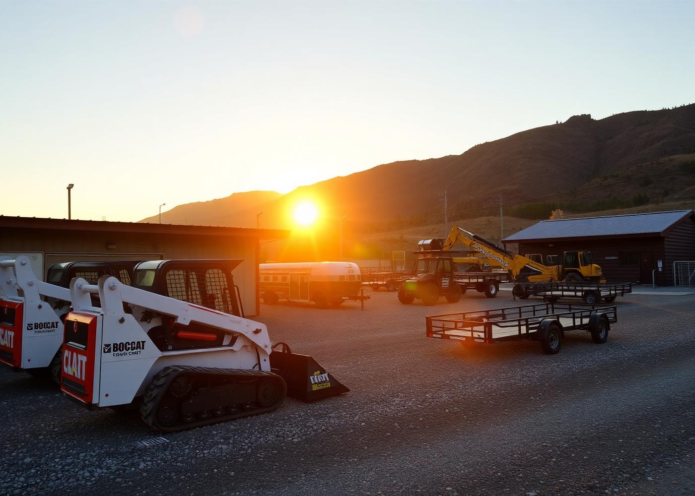 Track loaders, a telehandler and utility trailers lined up at the HF Equipment Rental yard at sunset